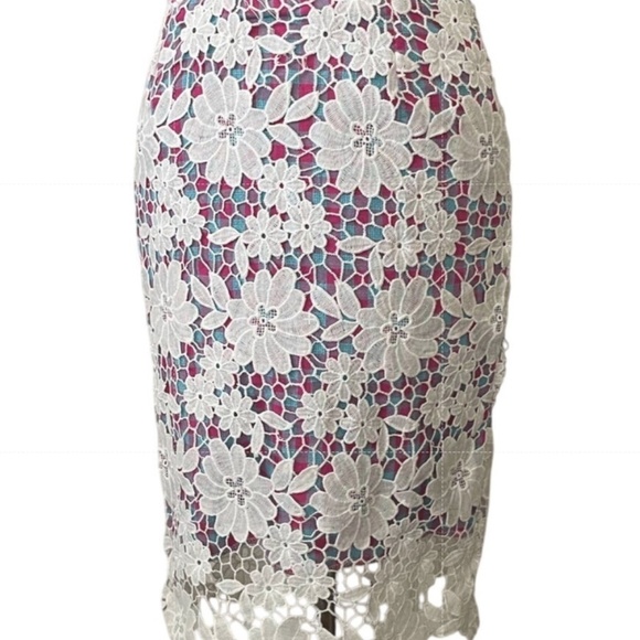 Storets Pink and Blue Plaid Pencil Skirt with Crochet Lace Overlay • Size S 🗣 - Picture 1 of 4